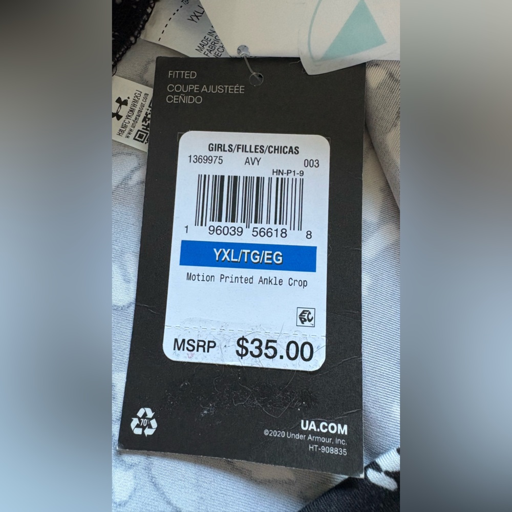 Girls Under Armour Black White Leggings YXL Motion Printed Ankle Cropped - Picture 7 of 8